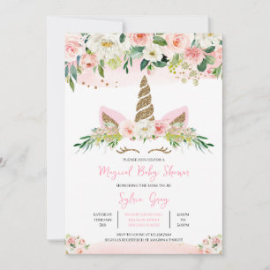 Invitation Baby shower Unicorne rose or