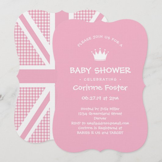 Invitation Baby shower Union Jack En vichy rose (Devant / Derrière)