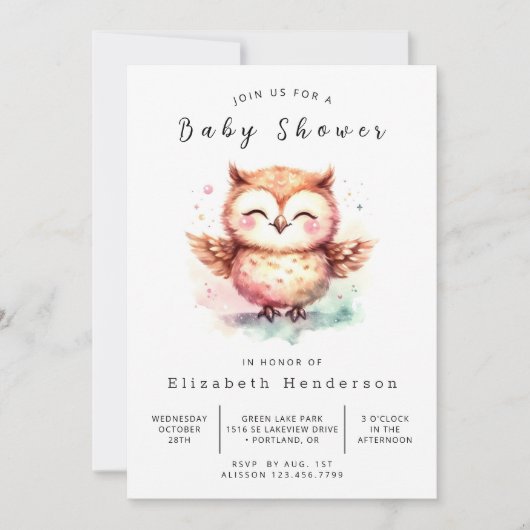Invitation Baby shower unique de la Chouette de Boho (Devant)