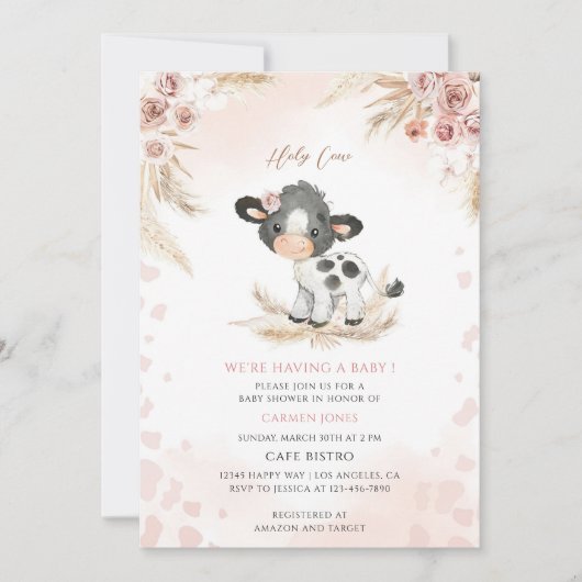 Invitation Baby-Shower Vache Fleur Rose (Devant)