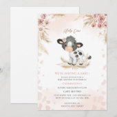 Invitation Baby-Shower Vache Fleur Rose (Devant / Derrière)