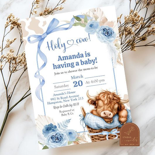 Invitation Baby Shower Vache Highland Bow Bleu Bohème