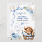 Invitation Baby Shower Vache Highland Bow Bleu Bohème (Devant)
