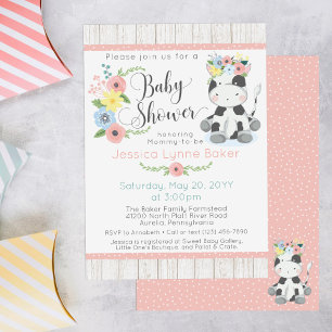 Invitation Baby Shower Vache Veau Floral Mignon sur Bois Ru