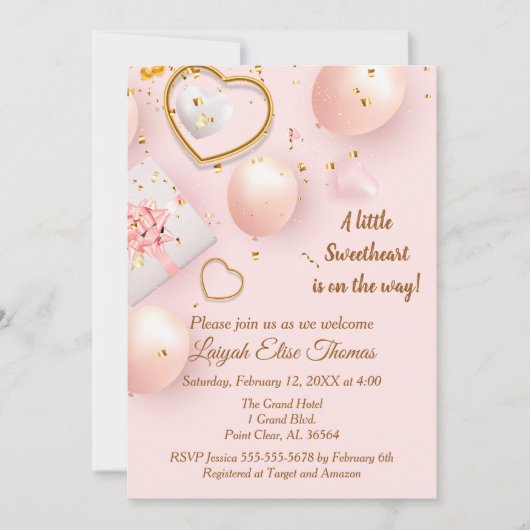 Invitation Baby shower Valentin rose et or (Devant)
