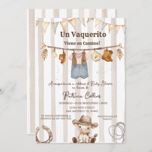 Invitation Baby shower Vaquerito Cowboy espagnol (Devant / Derrière)