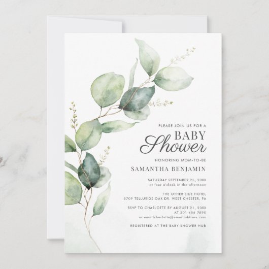Invitation Baby shower végétal Eucalyptus (Devant)