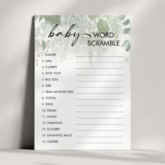 Invitation Baby shower verdoyant Baby Word Scramble Game Card