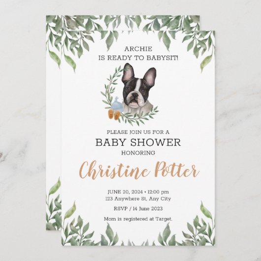Invitation Baby shower verdoyant de Chien Chien Boy Boho Fran (Devant / Derrière)