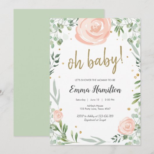 Invitation Baby shower verdoyant Rose Feuille rose Mariage (Devant / Derrière)