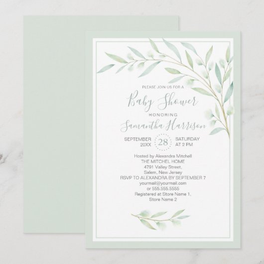Invitation Baby shower Verdure Élégante aquarelle Foliage (Devant / Derrière)