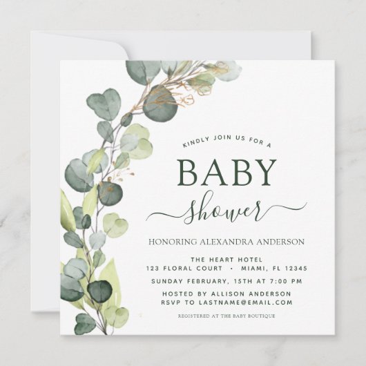 Invitation Baby shower Verdure Eucalyptus Succulent Élégant (Devant)