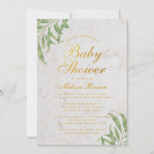 Invitation Baby Shower Verdure Marbre Feuille D'Or Fausse Écr