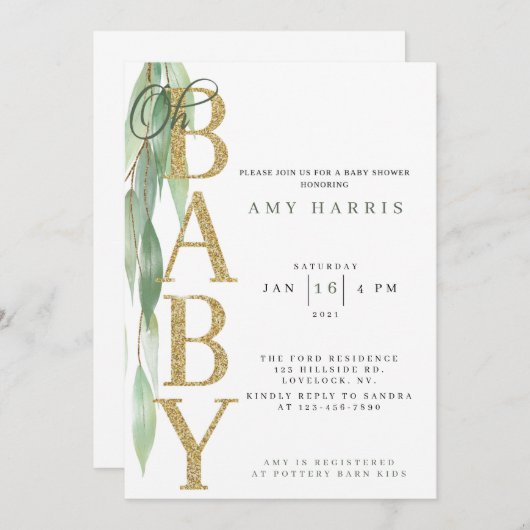 INVITATION baby shower|verdure|vert Sage (Devant / Derrière)