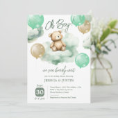 Invitation Baby shower vert à bulle pour ours en peluche (Debout devant)