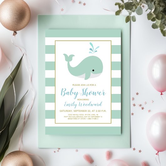 Invitation Baby shower vert à la menthe de baleine