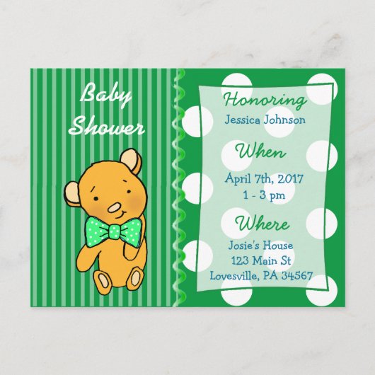 Invitation Baby shower vert à l'ours en peluche mi (Devant)