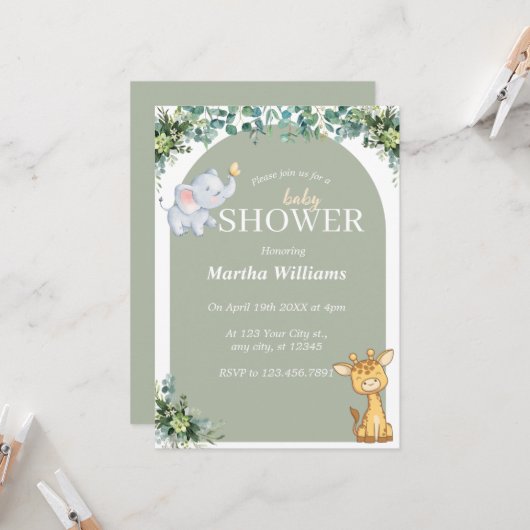 Invitation Baby shower vert animal Neutre (Devant/Arrière en situation)