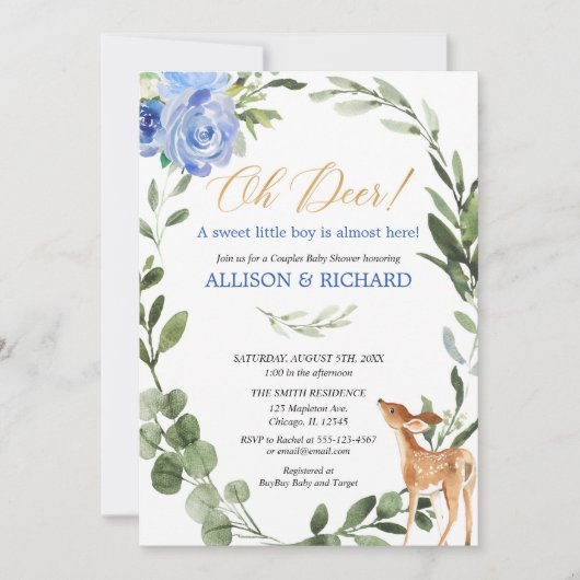 Invitation Baby shower vert bleu or bébé cerfs couples (Devant)