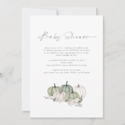 Invitation Baby shower vert Boho Citrouille Sage (Devant)