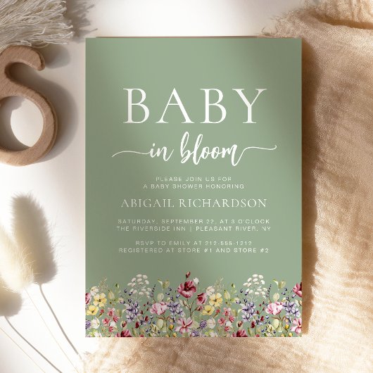 Invitation Baby shower vert Boho Fleur sauvage Sage