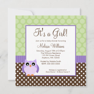 Invitation Baby shower vert Brown de fille de point de polka