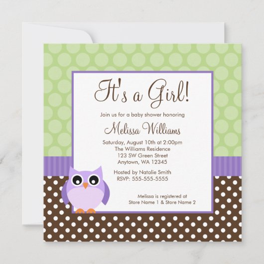 Invitation Baby shower vert Brown de fille de point de polka (Devant)