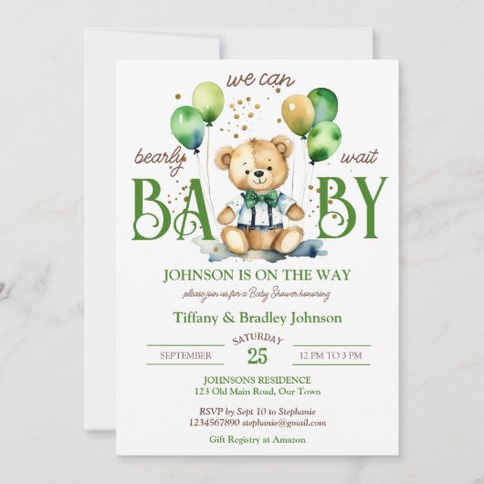 Invitation Baby shower vert brun brun à l'ours en peluche (Devant)