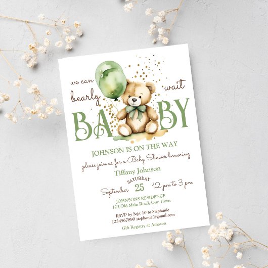 Invitation Baby shower vert brun brun à l'ours en peluche