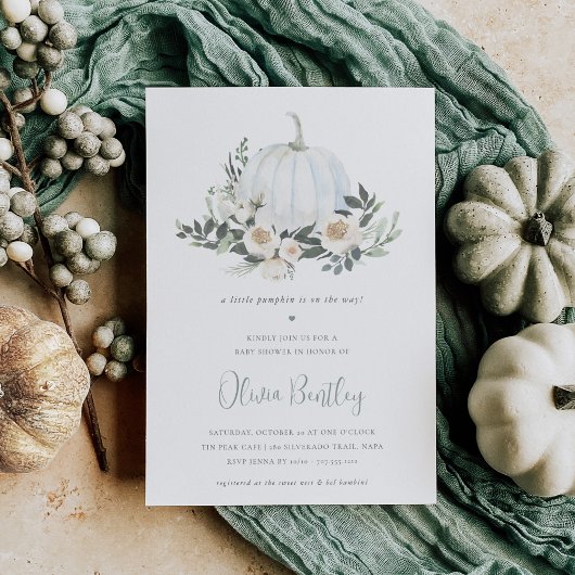 Invitation Baby shower vert Citrouille d'automne blanc