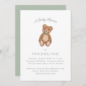 Invitation Baby shower vert classique Teddy Bear Sage (Devant / Derrière)