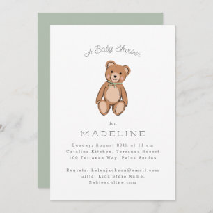 Invitation Baby shower vert classique Teddy Bear Sage