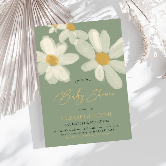 Invitation Baby shower vert Daisy Floral Sage