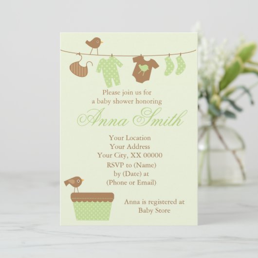 Invitation Baby shower vert de corde à linge (Debout devant)