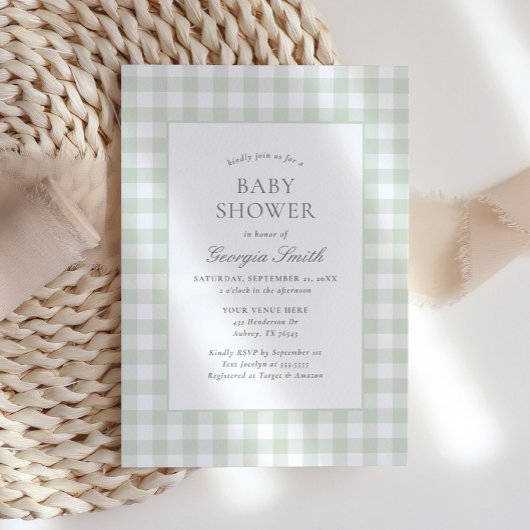 Invitation Baby shower vert de l'En vichy du Sage neutre pour