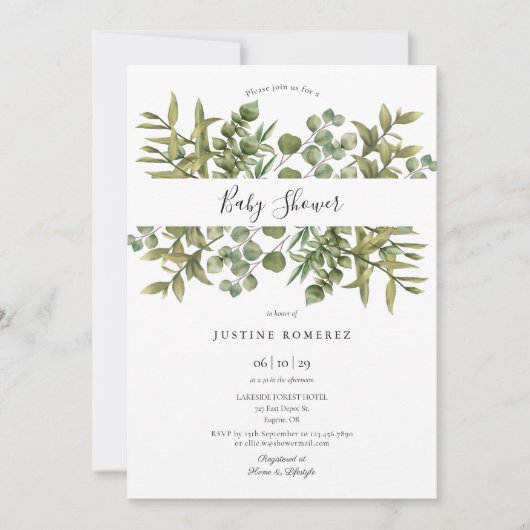 Invitation Baby shower vert de l'Eucalyptus des bois (Devant)
