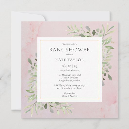 Invitation Baby shower vert de marbre rose | Saupoudrer (Devant)