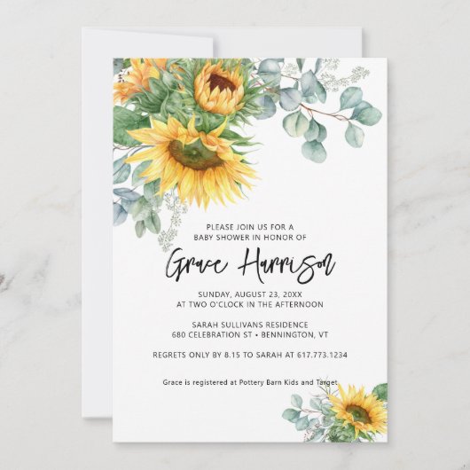 Invitation Baby shower vert de tournesol russe Eucalyptus (Devant)