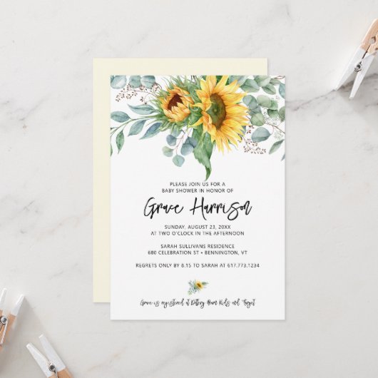 Invitation Baby shower vert de tournesol russe Eucalyptus (Devant/Arrière en situation)