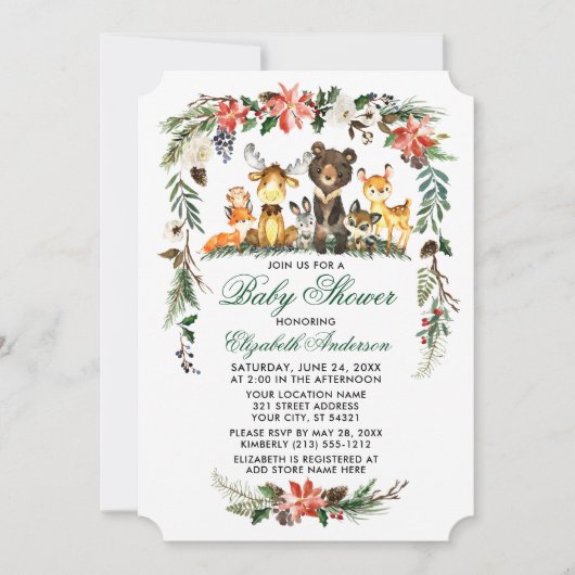 Invitation Baby shower vert de vacances pour animaux de bois (Devant)