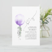 Invitation Baby shower vert en argent et violet à balloon (Debout devant)