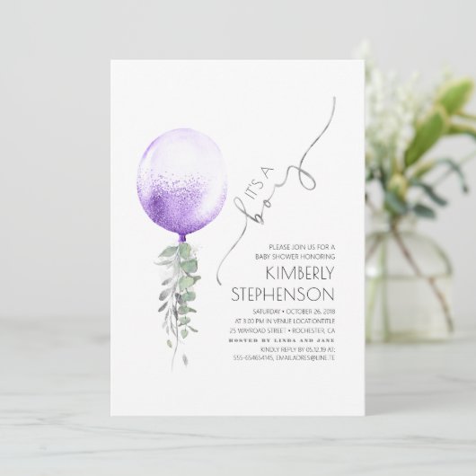 Invitation Baby shower vert en argent et violet à balloon (Debout devant)