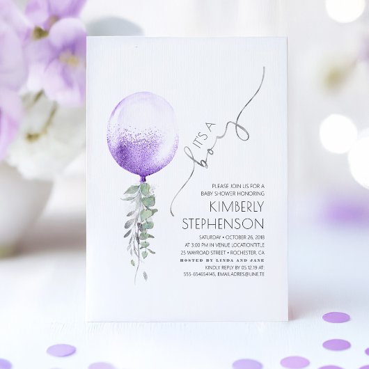 Invitation Baby shower vert en argent et violet à balloon
