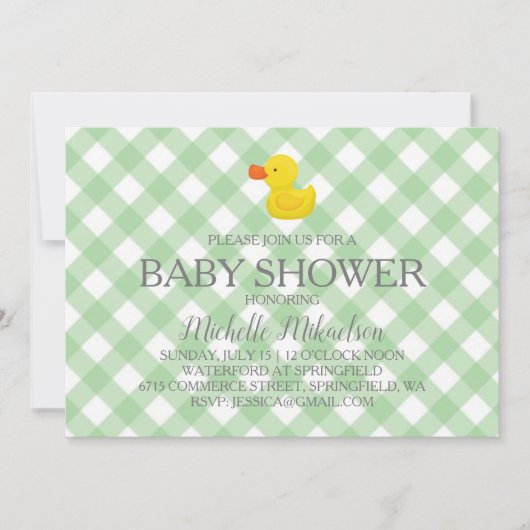 Invitation Baby shower vert En vichy en caoutchouc (Devant)