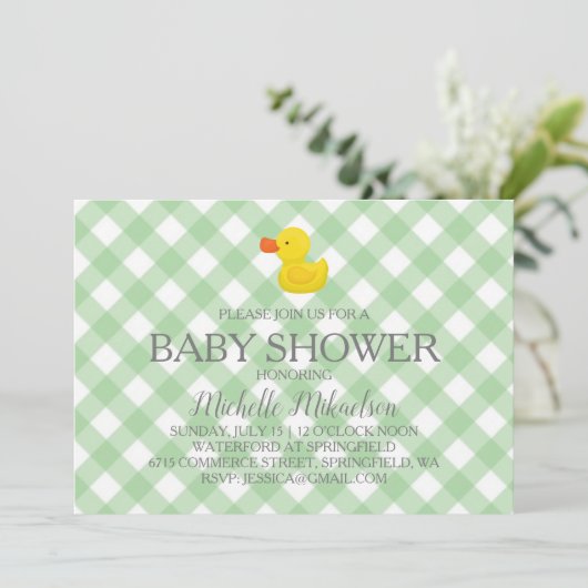 Invitation Baby shower vert En vichy en caoutchouc (Debout devant)