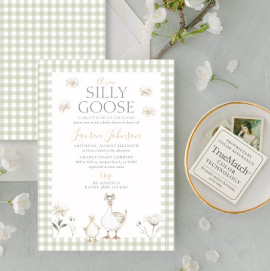 Invitation Baby shower vert En vichy oie blanche
