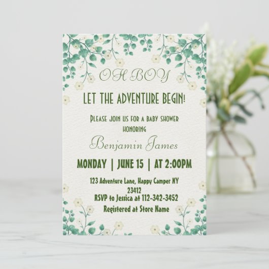 Invitation Baby shower vert et blanc garçon (Debout devant)