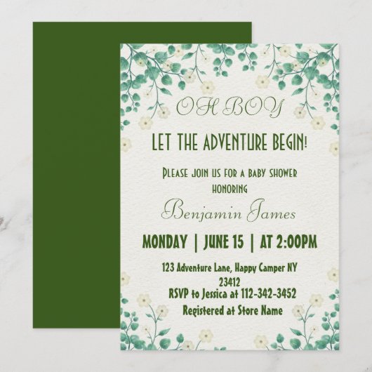 Invitation Baby shower vert et blanc garçon (Devant / Derrière)