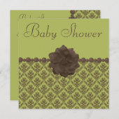 Invitation Baby shower vert et Brown Damas, fleurs et perles (Devant / Derrière)