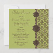 Invitation Baby shower vert et Brown Damas, fleurs et perles (Dos)